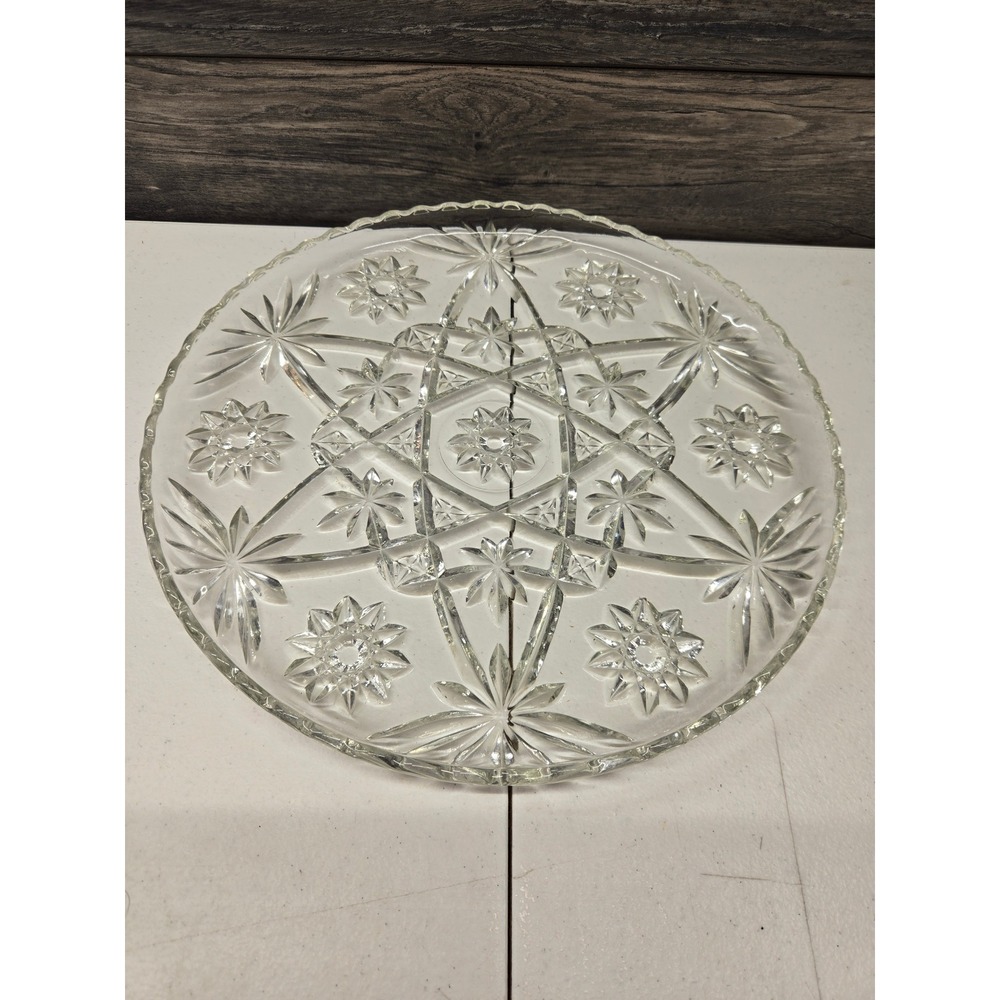 Vintage Clear Pressed Glass Starburst Scalloped Edge Cake Plate Platter 11 Inch‎